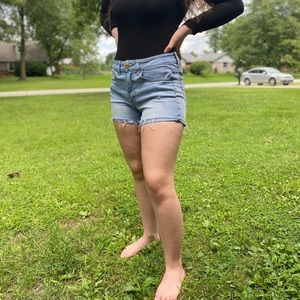 AEO high-rise light wash denim shorts